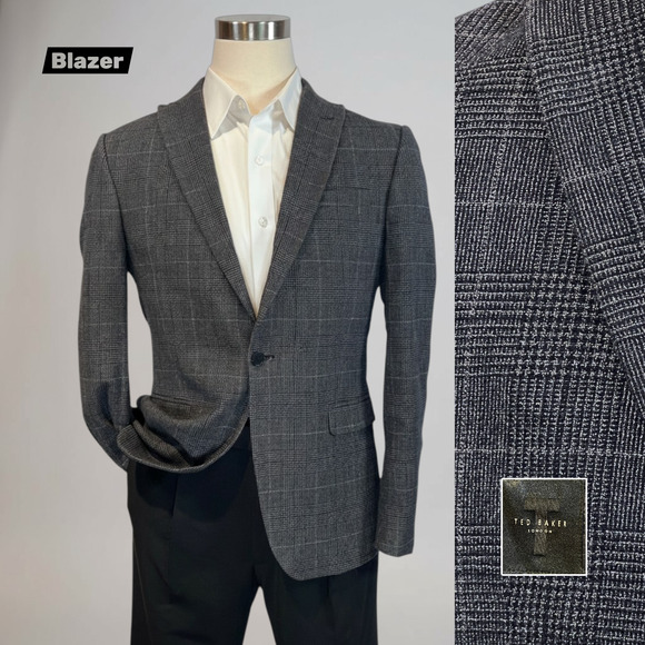 Ted Baker Other - Ted Baker London Blazer 40R Slim Gunmetal Blue Gray Glen Plaid Cotton Blend